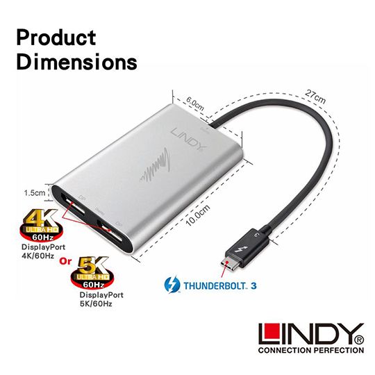 LINDY 林帝 Thunderbolt 3 to雙DisplayPort 4K/60Hz螢幕輸出轉接器 (43901)
01