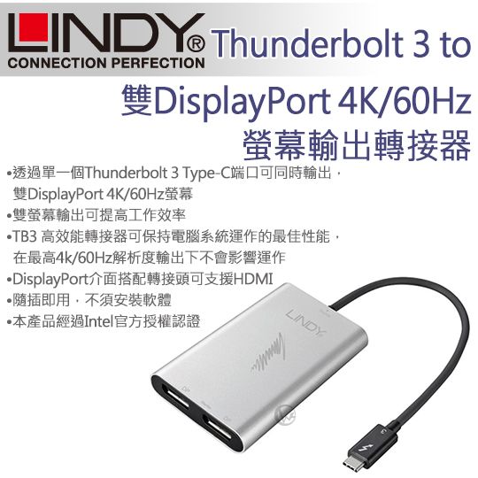 LINDY 林帝 Thunderbolt 3 to 雙DisplayPort 4K/60Hz螢幕輸出轉接器 (43901)