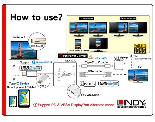 LINDY L Dʦ USB 3.1 Type-C to VGA/HUB/PD TX@౵ (43230)
02