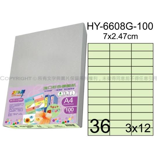 彩之舞【HY-6608G-100】A4 嫩綠色 36格(3x12)直角 標籤紙 01