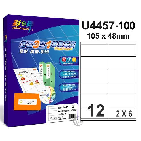 彩之舞【U4457-100】A4 3合1 12格(2x6) 標籤紙 01