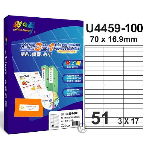 彩之舞【U4459-100】A4 3合1 51格(3x17) 標籤紙 01