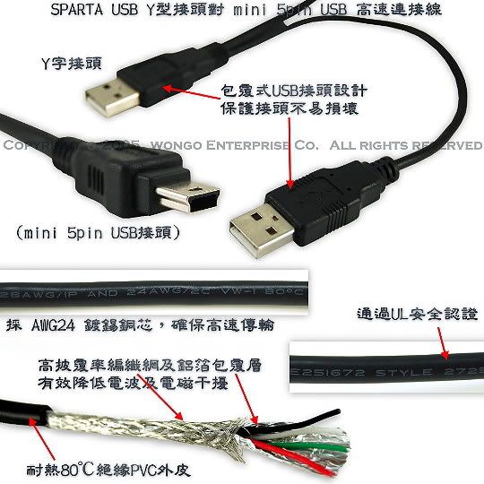 SPARTA Mini 5pin Y型 USB線 01