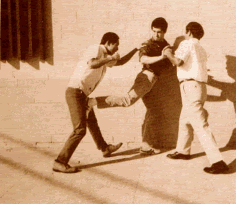Bruce Lee Defense from multiple attackers Bruce Lee defends by kicking their groins to oblivion