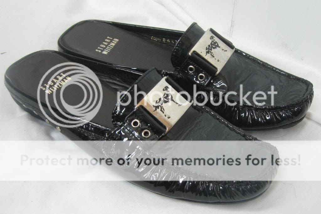STUART WEITZMAN black patent loafers slides dalmation dog buckle SHOES 